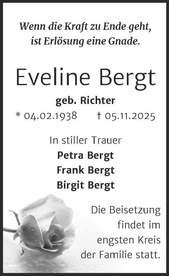 Traueranzeige von Eveline Bergt von Trauerkombi Dessau