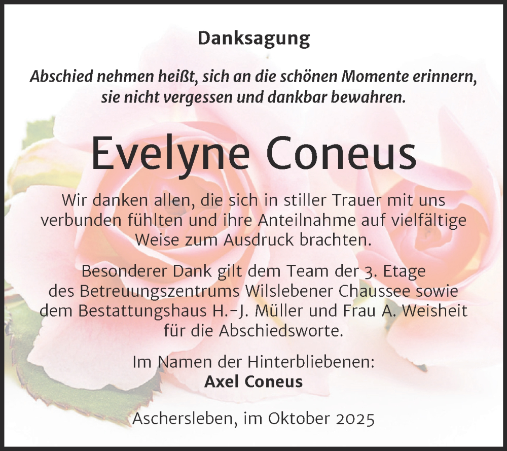  Traueranzeige für Evelyne Coneus vom 01.11.2025 aus Trauerkombi Aschersleben