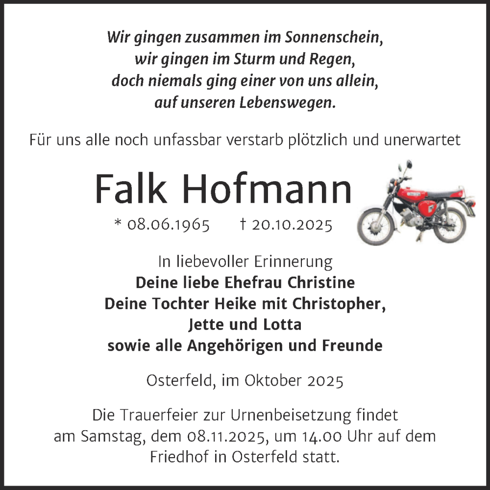 Traueranzeige für Falk Hofmann vom 01.11.2025 aus Trauerkombi Zeitz