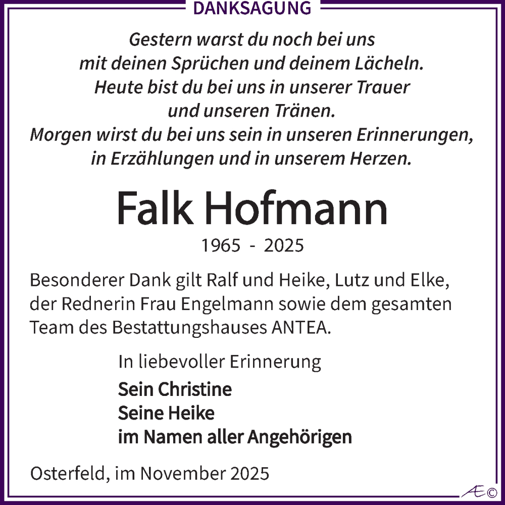  Traueranzeige für Falk Hofmann vom 15.11.2025 aus Trauerkombi Zeitz