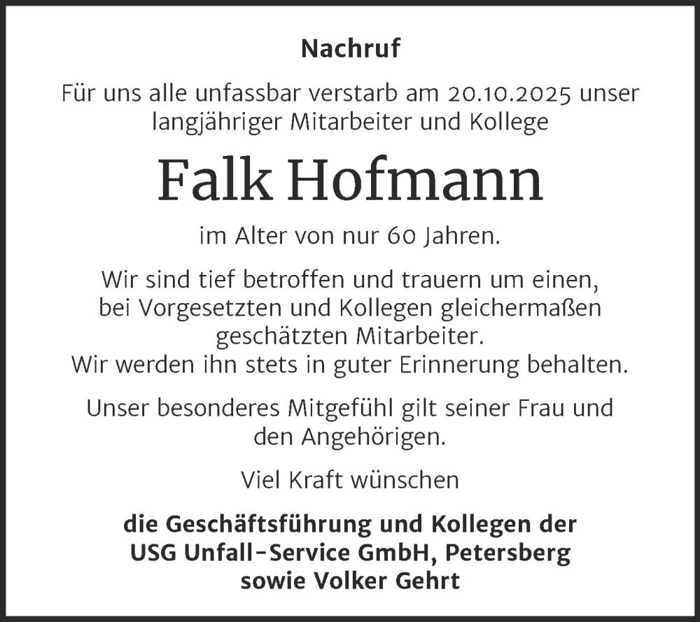 Traueranzeige für Falk Hofmann vom 08.11.2025 aus Mitteldeutsche Zeitung Zeitz
