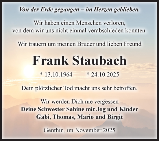 Traueranzeige von Frank Staubach von Volksstimme Burg/Genthin