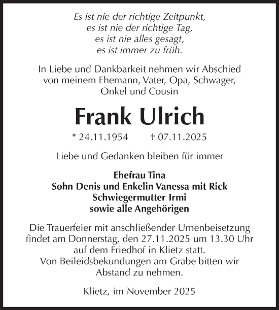 Traueranzeige von Frank Ulrich von Volksstimme Altmark Ost