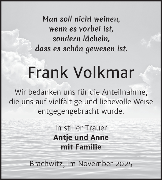 Traueranzeige von Frank Volkmar von Mitteldeutsche Zeitung Halle/Saalkreis