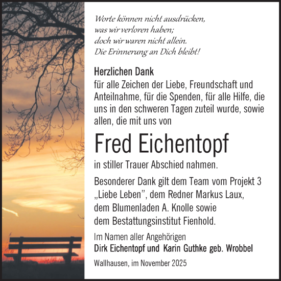 Traueranzeige von Fred Eichentopf von Trauerkombi Sangerhausen