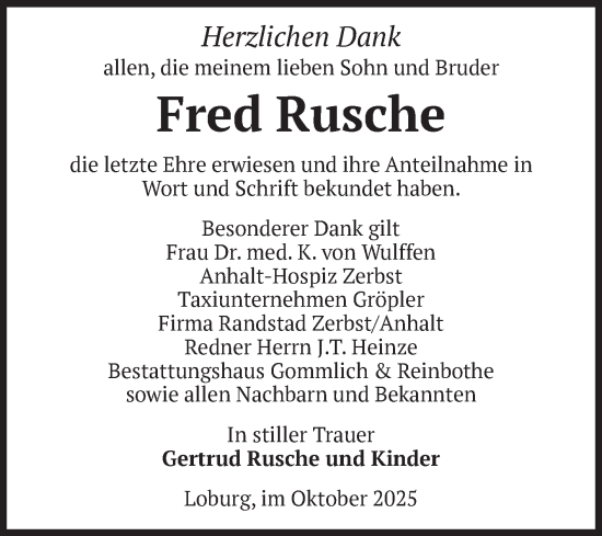 Traueranzeige von Fred Rusche von Volksstimme Zerbst