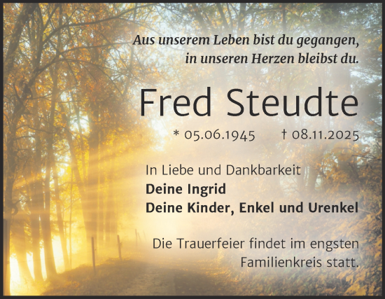 Traueranzeige von Fred Steudte von Trauerkombi Wittenberg
