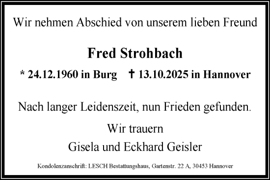 Traueranzeige von Fred Strohbach von Volksstimme Burg/Genthin