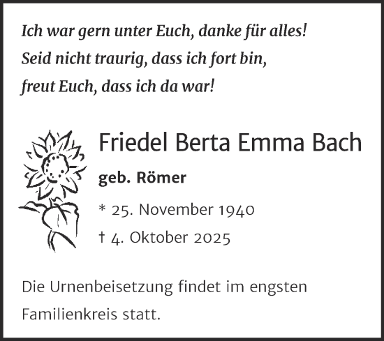 Traueranzeige von Friedel Berta Emma Bach von Mitteldeutsche Zeitung Halle/Saalkreis