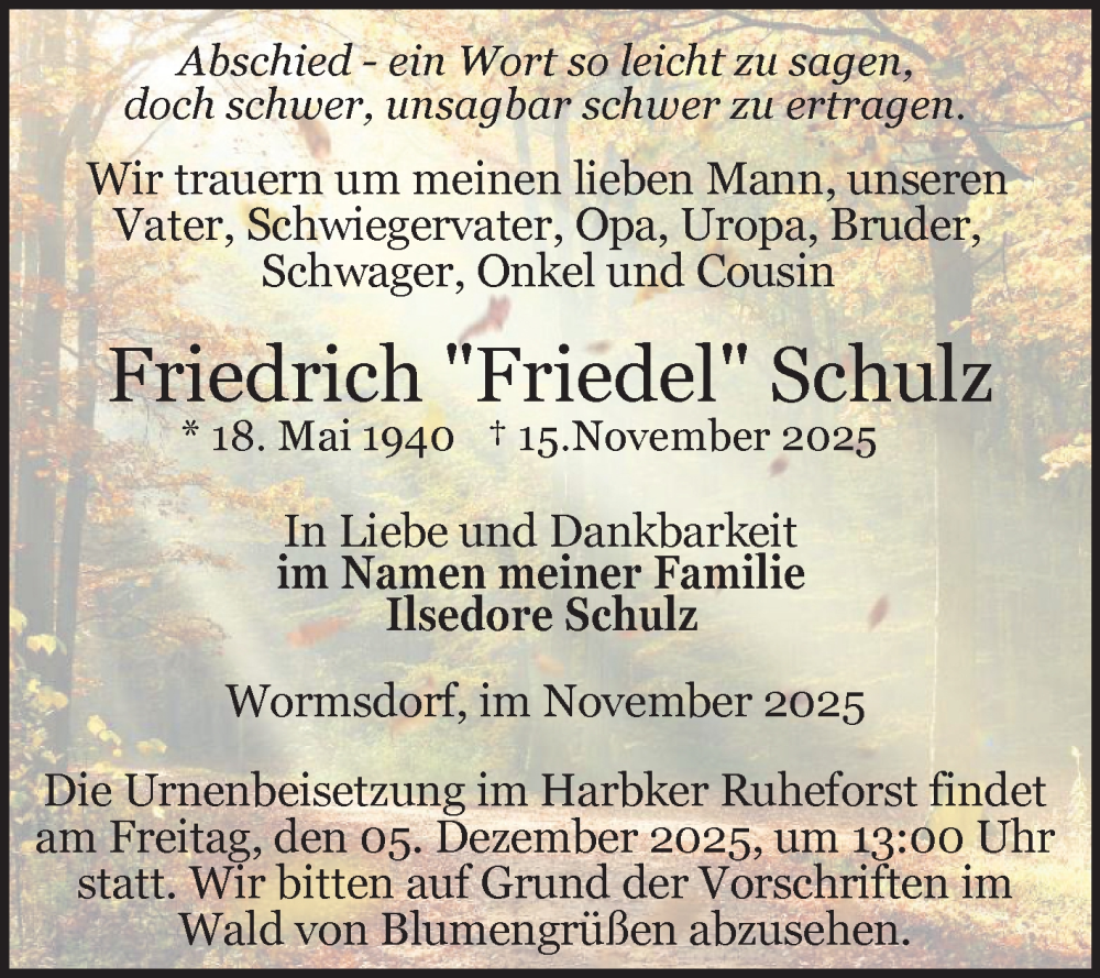  Traueranzeige für Friedrich   Schulz vom 22.11.2025 aus Volksstimme Oschersleben/Wanzleben