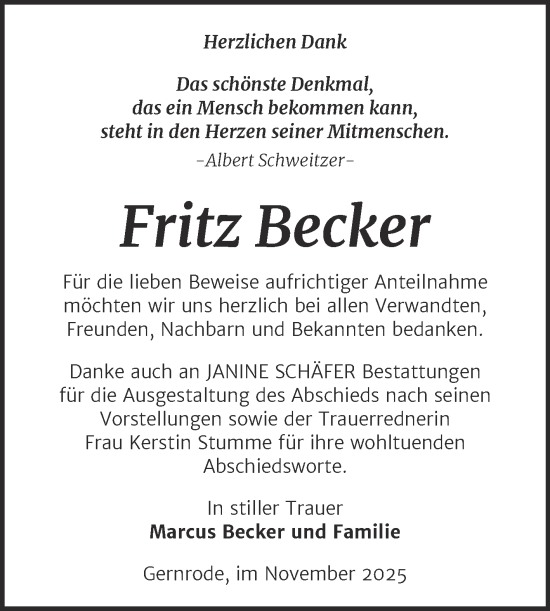 Traueranzeige von Fritz Becker von Trauerkombi Quedlinburg