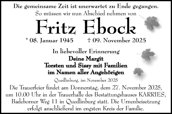 Traueranzeige von Fritz Ebock von Trauerkombi Quedlinburg