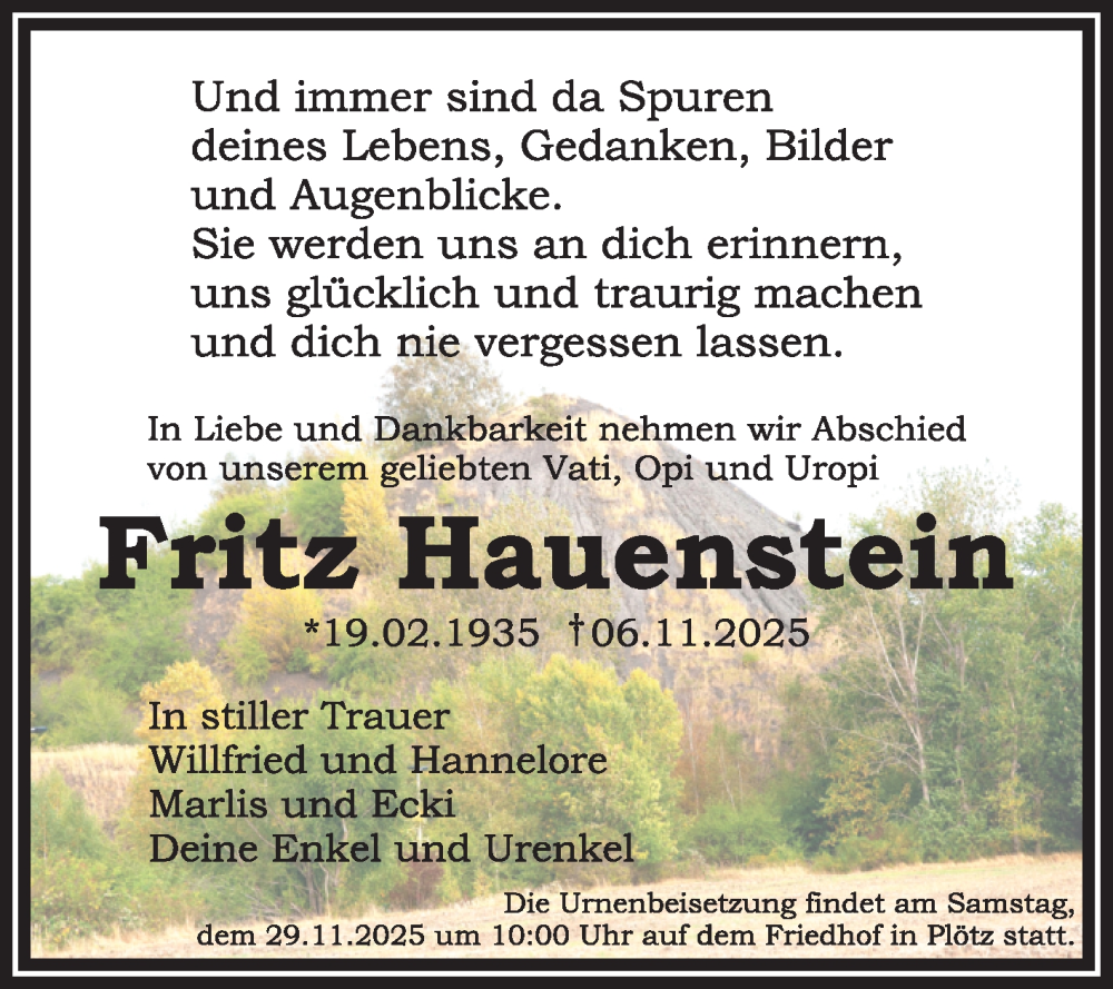  Traueranzeige für Fritz Hauenstein vom 22.11.2025 aus Mitteldeutsche Zeitung Halle/Saalkreis