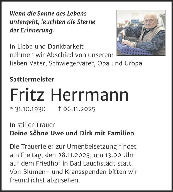 Traueranzeige von Fritz Herrmann von Trauerkombi Merseburg