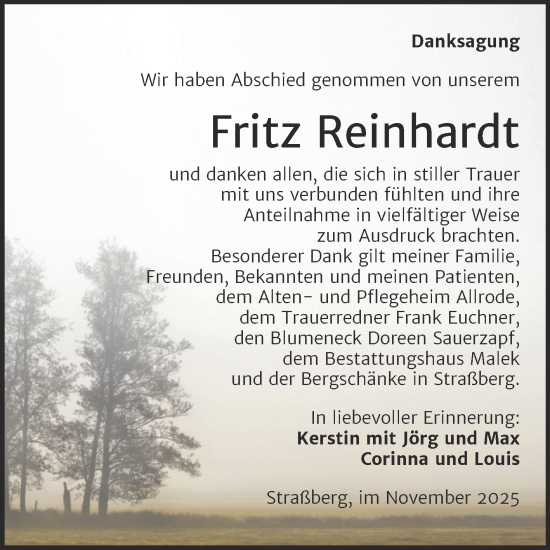 Traueranzeige von Fritz Reinhardt von Trauerkombi Quedlinburg