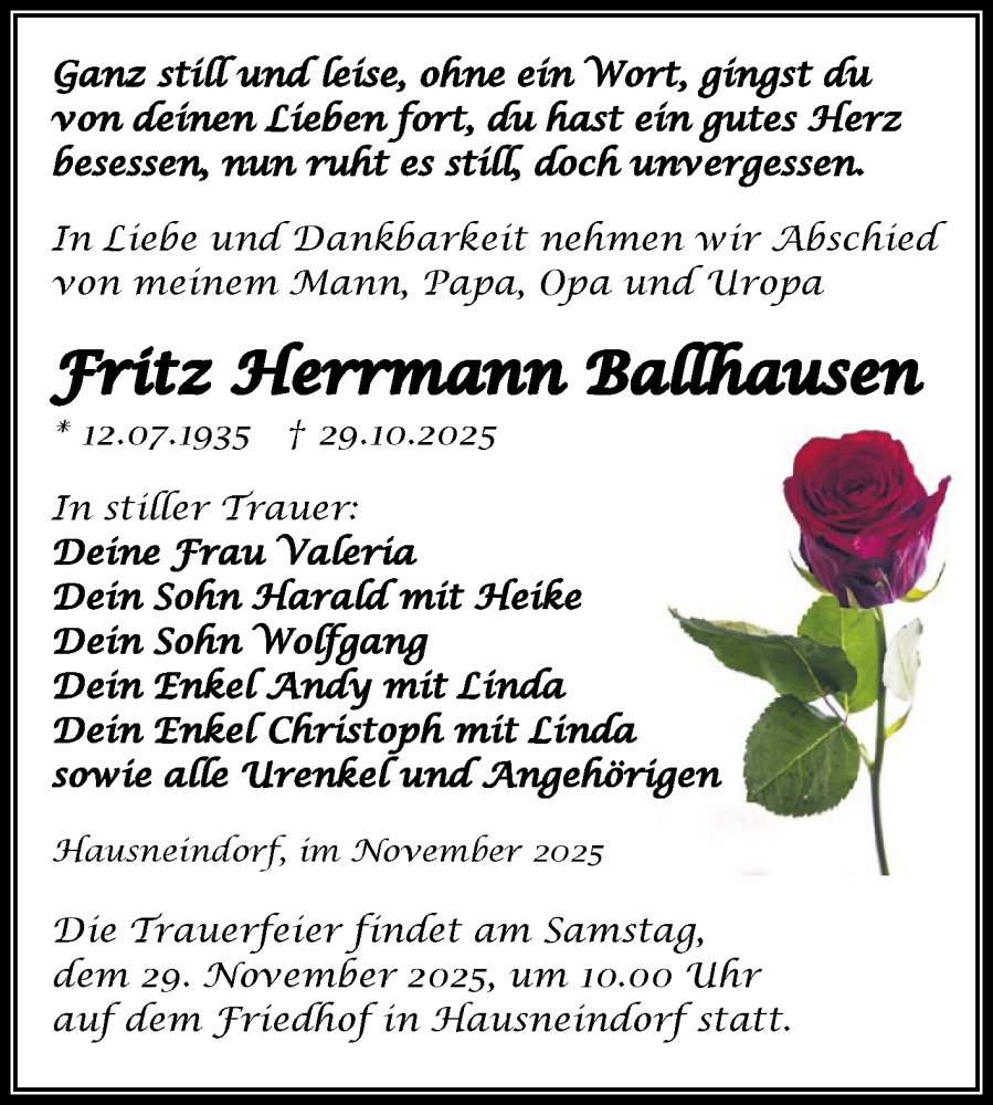  Traueranzeige für Fritz Herrmann Ballhausen vom 08.11.2025 aus Trauerkombi Quedlinburg