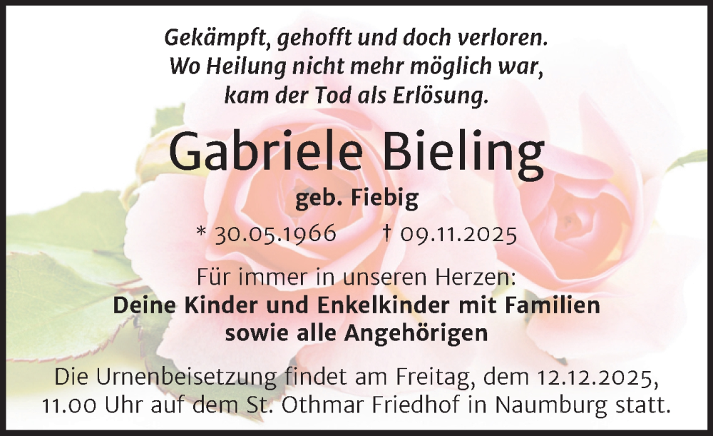  Traueranzeige für Gabriele Bieling vom 22.11.2025 aus Super Sonntag Naumburg/Nebra