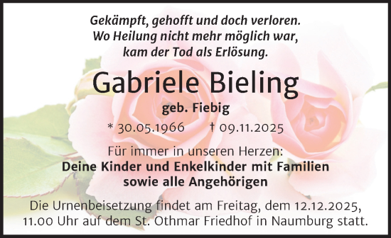 Traueranzeige von Gabriele Bieling von Super Sonntag Naumburg/Nebra