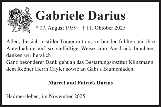 Traueranzeige von Gabriele Darius von Volksstimme Oschersleben/Wanzleben
