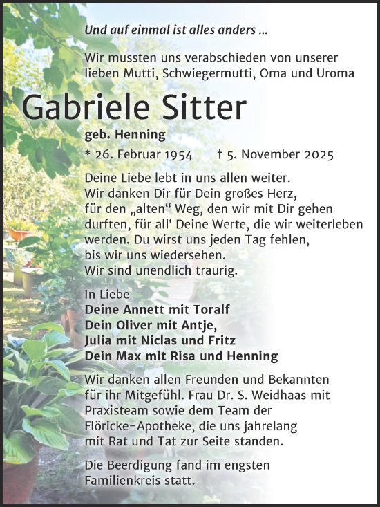 Traueranzeige von Gabriele Sitter von Trauerkombi Zeitz