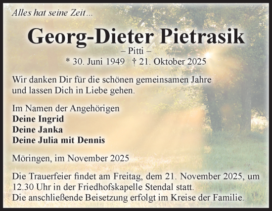Traueranzeige von Georg-Dieter Pietrasik von Volksstimme Altmark Ost