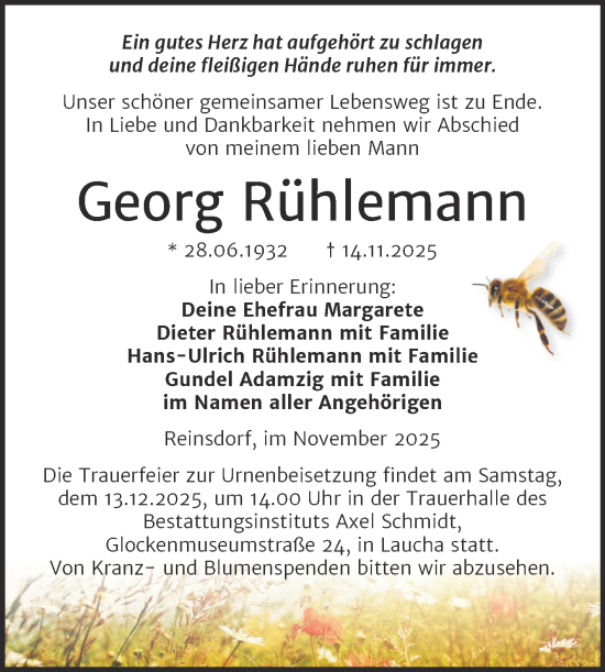 Traueranzeige von Georg Rühlemann von Naumburger Tageblatt