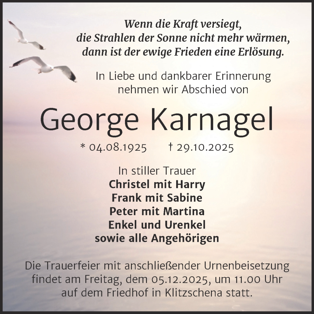  Traueranzeige für George Karnagel vom 22.11.2025 aus Trauerkombi Wittenberg