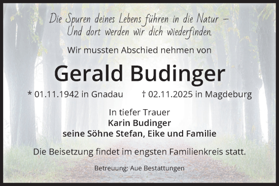 Traueranzeige von Gerald Budinger von Volksstimme Magdeburg