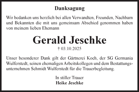 Traueranzeige von Gerald Jeschke von Volksstimme Oschersleben/Wanzleben