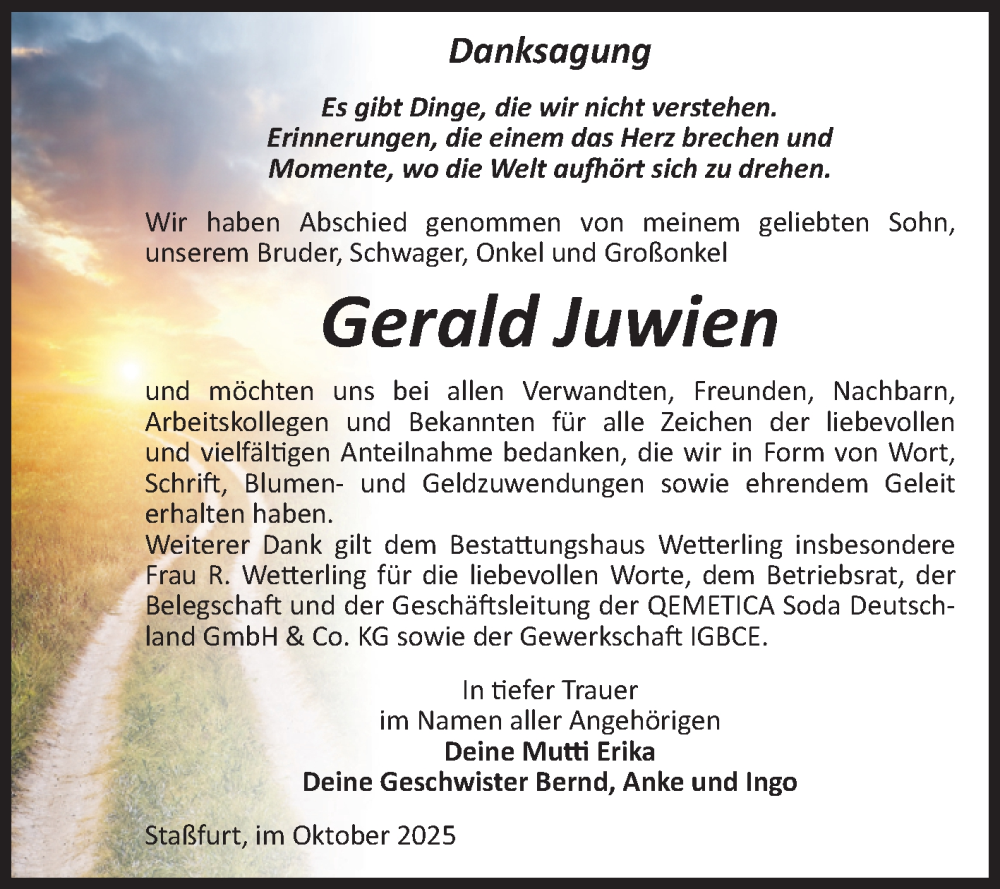  Traueranzeige für Gerald Juwien vom 08.11.2025 aus Volksstimme Staßfurt