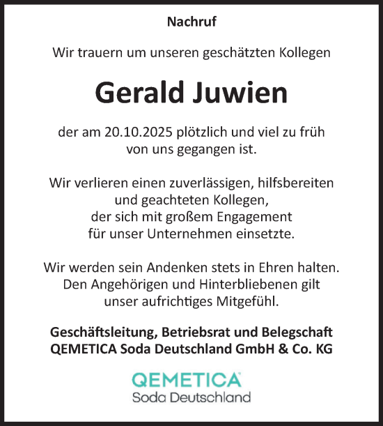 Traueranzeige von Gerald Juwien von Volksstimme Staßfurt