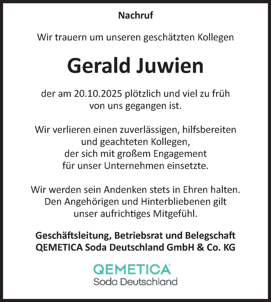  Traueranzeige für Gerald Juwien vom 01.11.2025 aus Volksstimme Staßfurt