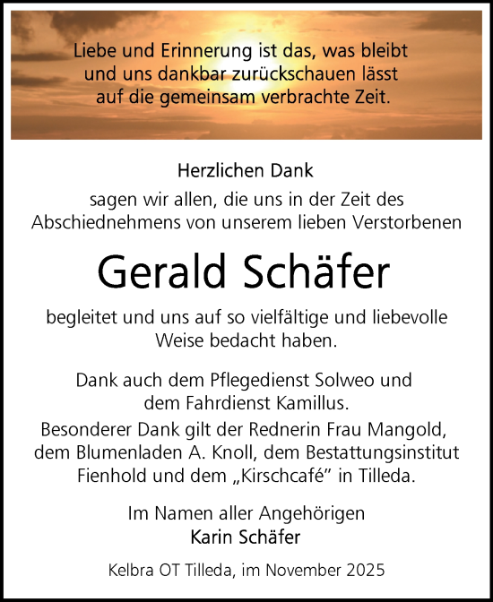 Traueranzeige von Gerald Schäfer von Trauerkombi Sangerhausen