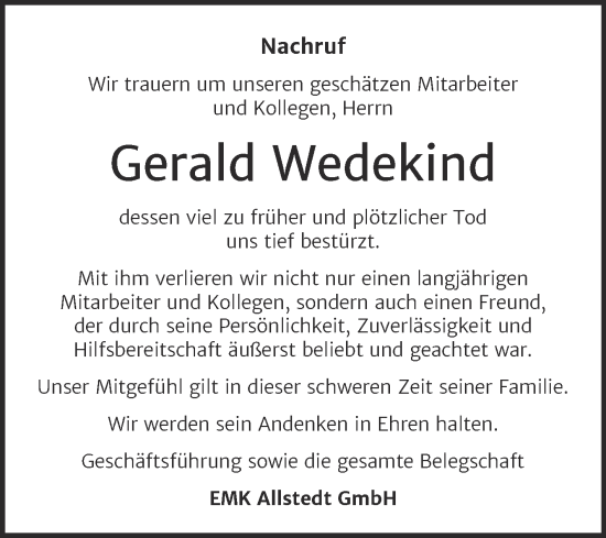 Traueranzeige von Gerald Wedekind von Mitteldeutsche Zeitung Sangerhausen
