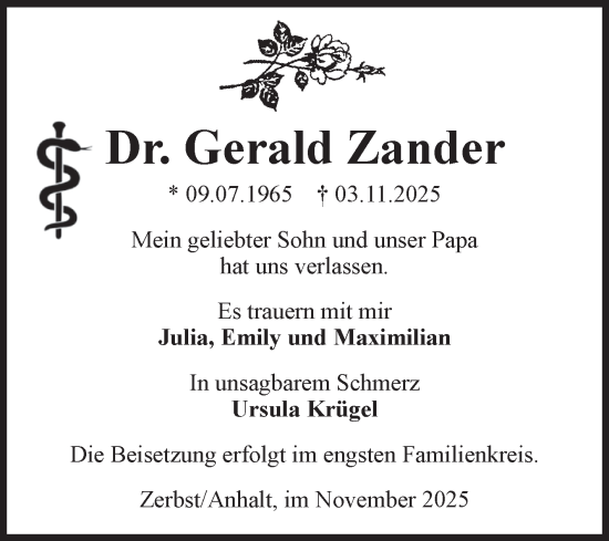 Traueranzeige von Gerald Zander von Volksstimme Zerbst