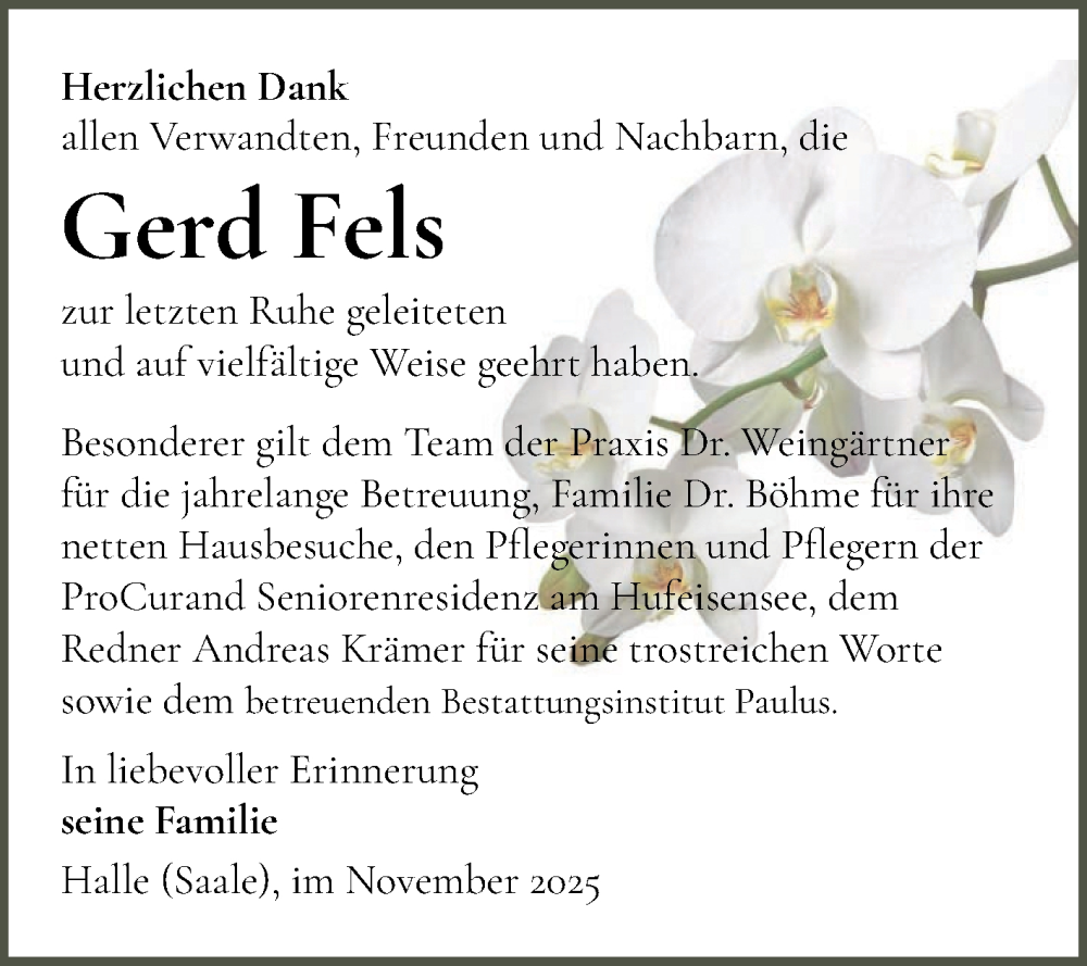  Traueranzeige für Gerd Fels vom 15.11.2025 aus Mitteldeutsche Zeitung Halle/Saalkreis