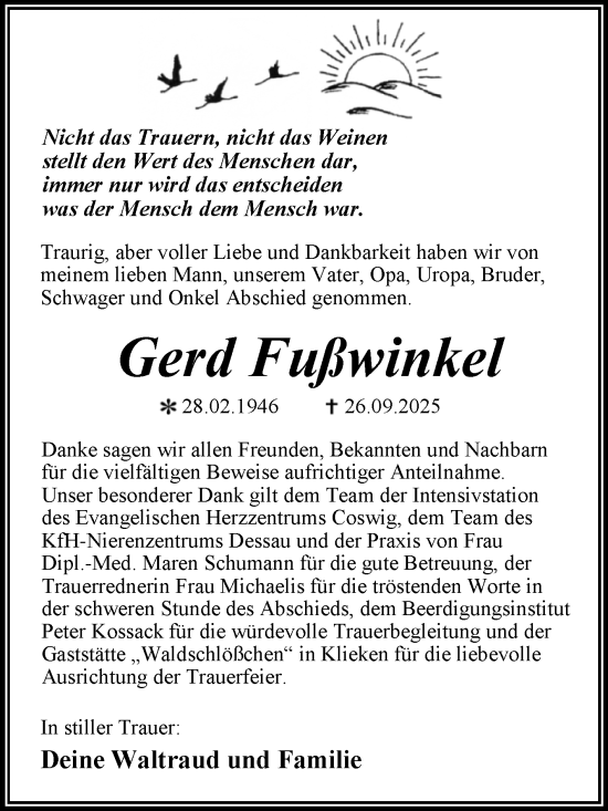 Traueranzeige von Gerd Fufiwinkel von Trauerkombi Wittenberg