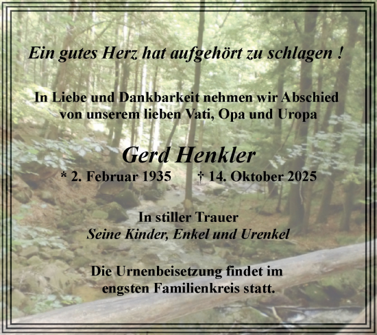 Traueranzeige von Gerd Henkler von Mitteldeutsche Zeitung Halle/Saalkreis