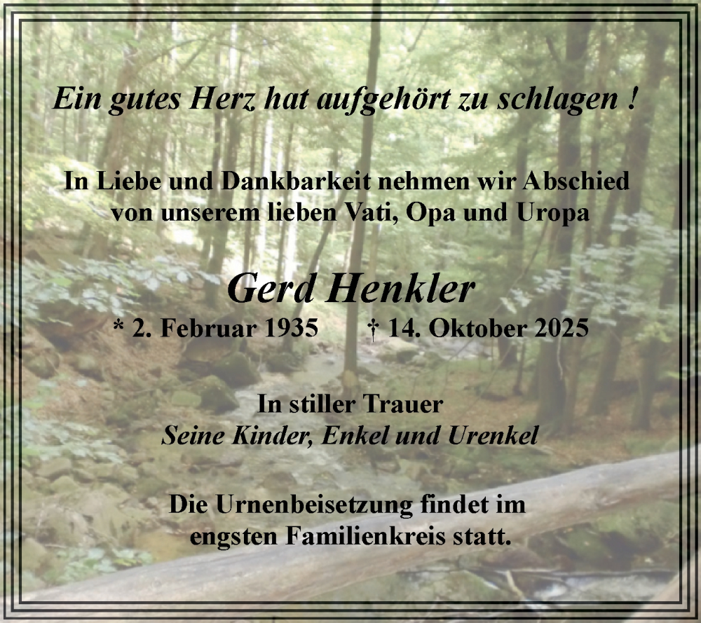  Traueranzeige für Gerd Henkler vom 01.11.2025 aus Mitteldeutsche Zeitung Halle/Saalkreis