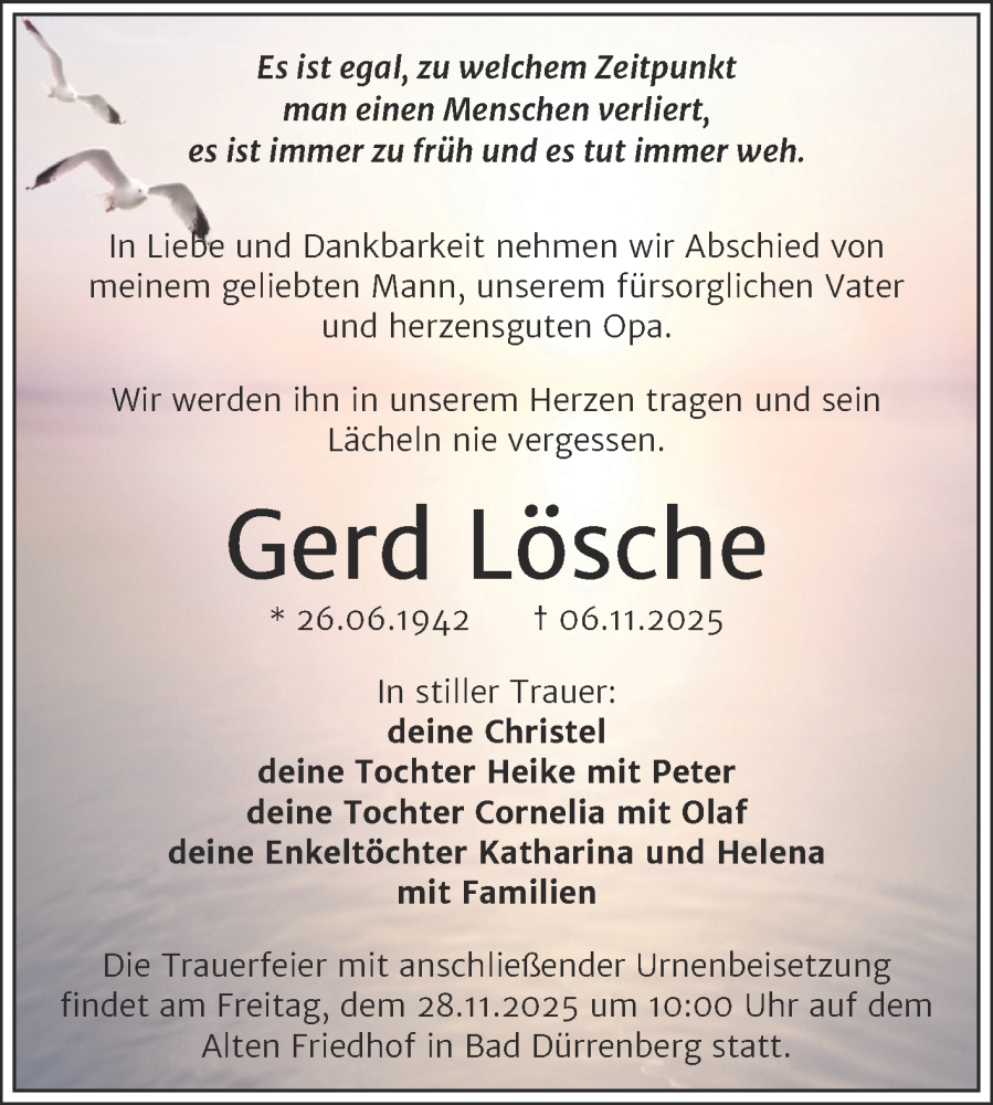  Traueranzeige für Gerd Lösche vom 15.11.2025 aus Trauerkombi Merseburg