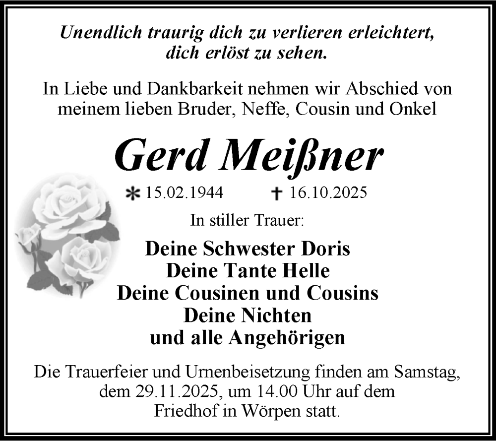  Traueranzeige für Gerd Meißner vom 08.11.2025 aus Trauerkombi Wittenberg