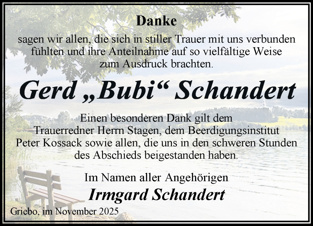  Traueranzeige für Gerd Schandert vom 15.11.2025 aus Trauerkombi Wittenberg