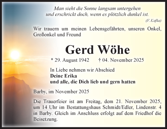 Traueranzeige von Gerd Wöhe von Volksstimme Schönebeck