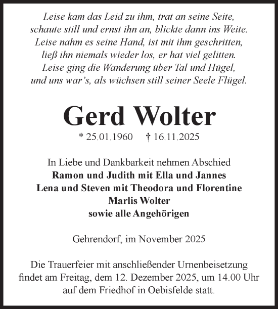Traueranzeige von Gerd Wolter von Volksstimme Altmark West