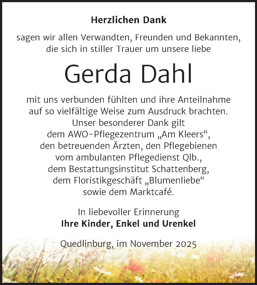  Traueranzeige für Gerda Dahl vom 22.11.2025 aus Trauerkombi Quedlinburg
