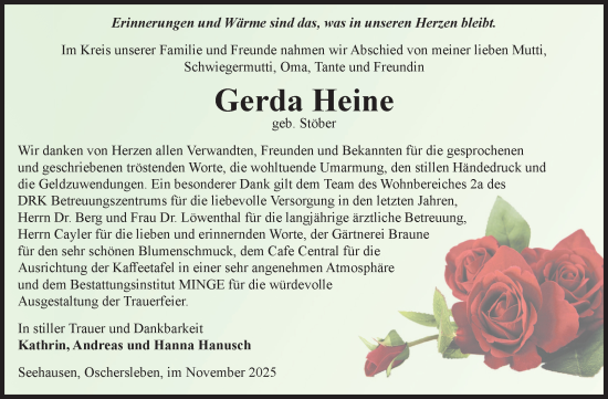 Traueranzeige von Gerda Heine von Volksstimme Oschersleben/Wanzleben