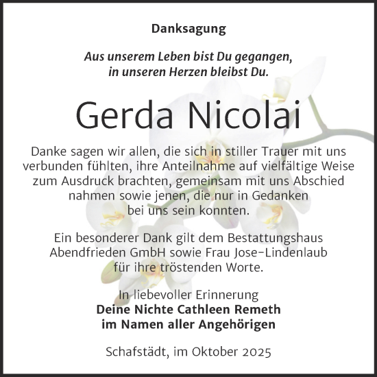Traueranzeige von Gerda Nicolai von Trauerkombi Merseburg