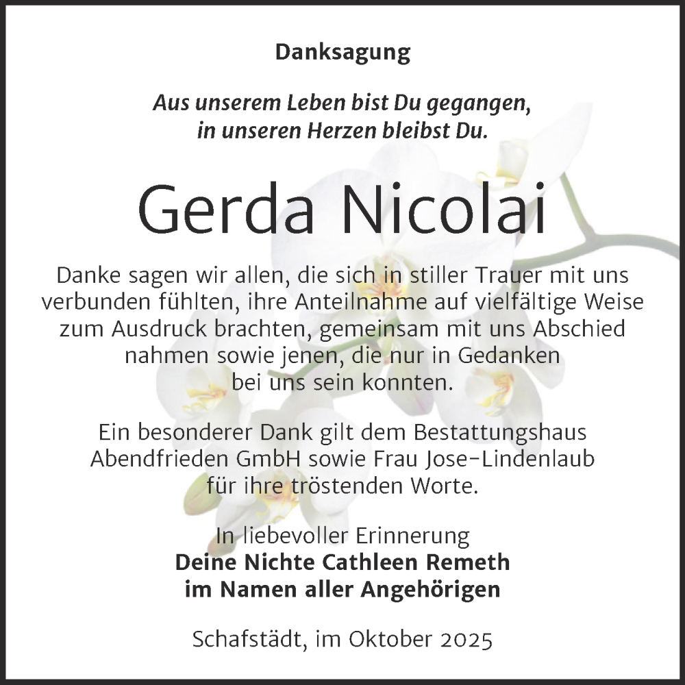  Traueranzeige für Gerda Nicolai vom 01.11.2025 aus Trauerkombi Merseburg