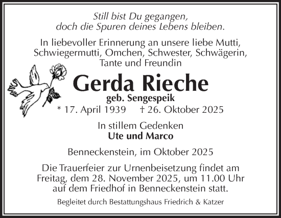 Traueranzeige von Gerda Rieche von Volksstimme Wernigerode