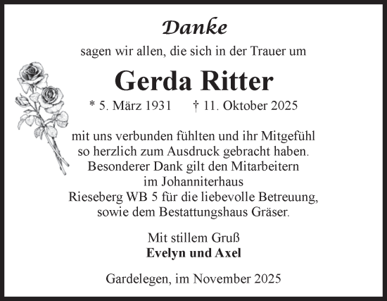Traueranzeige von Gerda Ritter von Volksstimme Altmark West